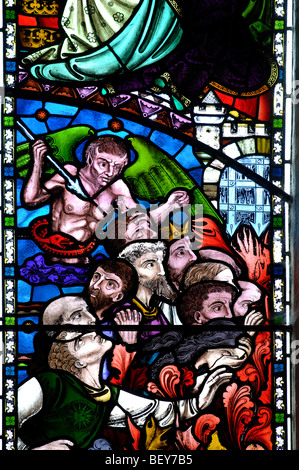 Stained glass depicting Hell, St. Mary`s Church, Kempsford, Gloucestershire, England, UK Stock Photo